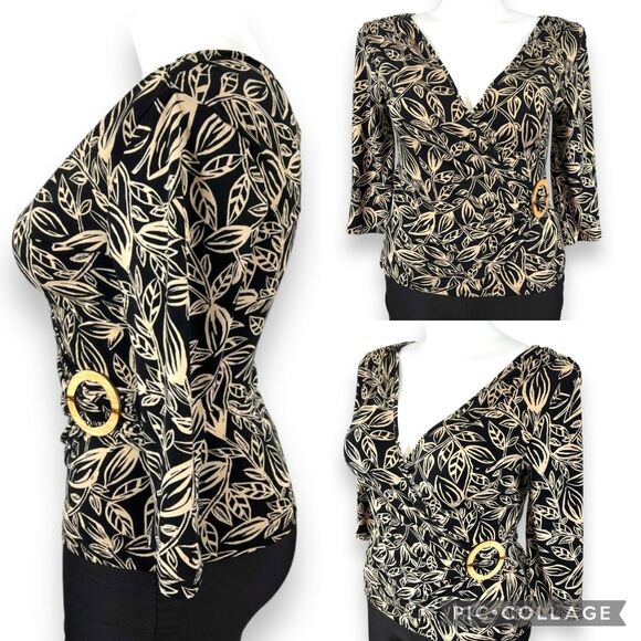 George Womens Blouse Top Faux Wrap V Neck Stretch Pullover Cream Black Large - Picture 1 of 12